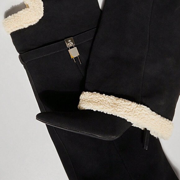 Black Suede Over-Knee faux suede and faux sherpa trim High Heel Boots - Picture 5 of 7